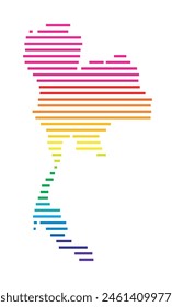 Abstract map of Thailand showing the area of the country with horizontal parallel lines in rainbow colors