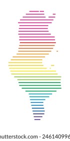 Abstract map of Tunisia showing the area of the country with horizontal parallel lines in rainbow colors