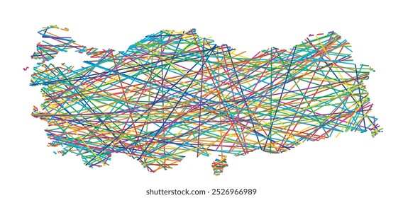 Abstract map of Turkey showing the country with random crossing colored lines like a spider web