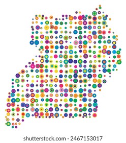 Abstract map of Uganda drawn with overlapping colored circles like sweets or candies