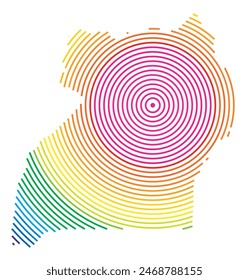 Mapa Abstractas de Uganda que muestra el área del país con anillos concéntricos en colores arcoíris como un blanco de tiro.