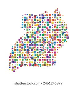 Mapa Abstractas de Uganda. Mapa Abstractas que muestra el país con un patrón de cuadrados de colores superpuestos como caramelos
