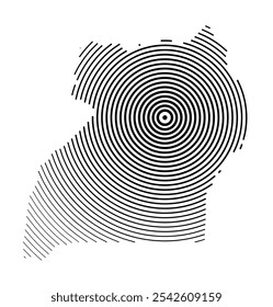 Abstract map of Uganda showing the country with concentric black tapering lines