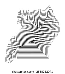 Abstract map of Uganda showing the country border buffered inside with black tapering lines