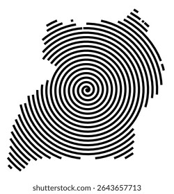 Mapa abstrato de Uganda mostrando o país com uma linha espiral preta
