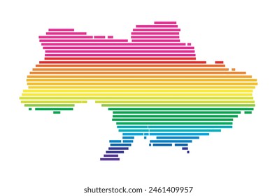 Abstract map of Ukraine showing the area of the country with horizontal parallel lines in rainbow colors