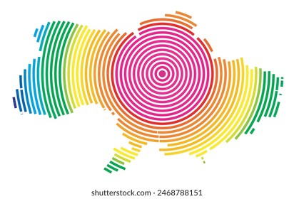 Abstrakte Landkarte der Ukraine, die das Gebiet des Landes mit konzentrischen Ringen in Regenbogenfarben wie ein Schießziel zeigt.