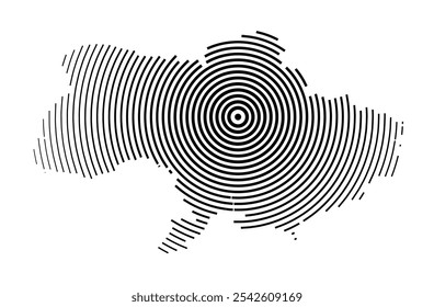 Abstract map of Ukraine showing the country with concentric black tapering lines