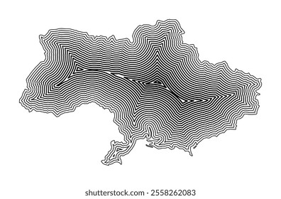 Abstract map of Ukraine showing the country border buffered inside with black tapering lines