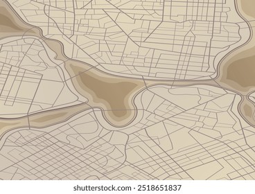 Mapa abstrato com linhas únicas e rio, fundo de padrões geométricos. Vista superior da cidade enorme. Ruas, quadras, caminho para o movimento nas ruas. Ilustração vetorial