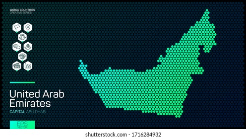 Abstract map of United Arab Emirates with hexagon cells with country data icons