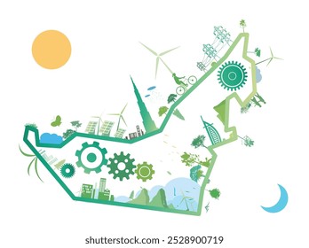 Un mapa abstracto de los Emiratos Árabes Unidos con Elementos ecológicos y tecnológicos: turbinas eólicas, árboles, engranajes y edificios. Los verdes suaves, azules y amarillos representan la naturaleza y la energía solar