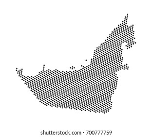 Mapa abstracto de los Emiratos Árabes Unidos encaja planeta, líneas, concepto de medio tono del mapa mundial. Ilustración vectorial, pasos 10.