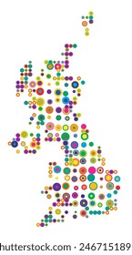Mapa Abstractas del Reino Unido dibujado con círculos superpuestos de colores como dulces o caramelos