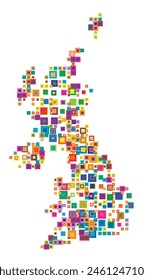 Abstract map of the United Kingdom. Abstract map showing the country with a pattern of overlapping colorful squares like candies