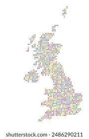 Abstract map of the United Kingdom showing the area of the country with a pattern of colorful circles