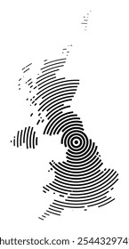 Abstract map of the United Kingdom showing the country with concentric black tapering lines