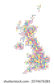 Abstract map of the United Kingdom showing the country with a pattern of colorful squares