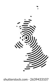 Abstract map of the United Kingdom showing the country with a black spiral line