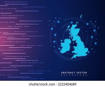 Abstract map of United Kingdom (UK) technology with hi-tech digital data connection system background circuit.