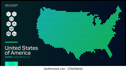 Abstract map of United States of America with hexagon cells with country data icons. Editabled stroke