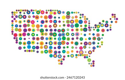 Abstract map of the United States of America drawn with overlapping colored circles like sweets or candies