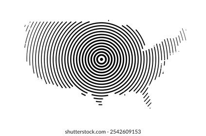 Abstract map of the United States of America showing the country with concentric black tapering lines