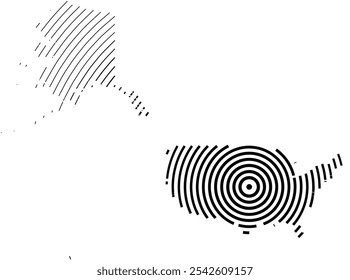 Abstract map of the United States of America + Alaska showing the country with concentric black tapering lines