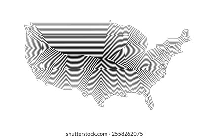Abstract map of the United States of America showing the country border buffered inside with black tapering lines