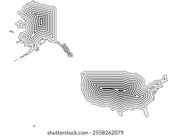 Abstract map of the United States of America + Alaska showing the country border buffered inside with black tapering lines