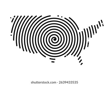Abstract map of the United States of America showing the country with a black spiral line