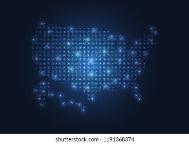 Abstract map of the United States created from dots. Technology and communication network map concept. Vector illustration