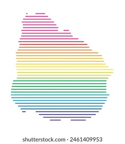 Abstract map of Uruguay showing the area of the country with horizontal parallel lines in rainbow colors
