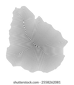 Abstract map of Uruguay showing the country border buffered inside with black tapering lines