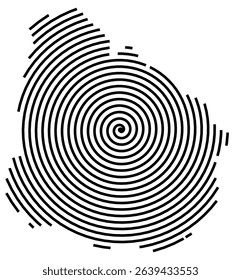 Abstract map of Uruguay showing the country with a black spiral line