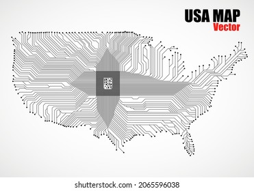Abstract map USA with cpu. Circuit board. Technology background. Vector