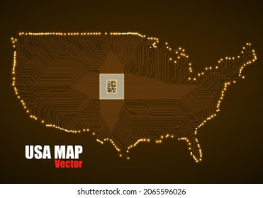 Abstract map USA with cpu. Glowing circuit board. Neon technology background. Vector