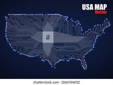 Abstract map USA with cpu. Glowing circuit board. Neon technology background. Vector