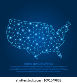 Abstract map of the USA created from lines, bright points and polygons in the form of starry sky, space and planets. Map of United States of America with stars, universe and connected line. Vector.