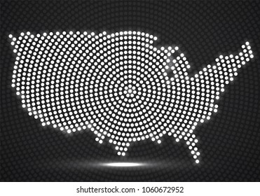 Abstract map USA of glowing radial dots, halftone concept. Vector illustration, eps 10