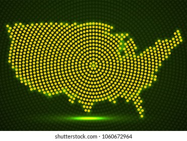 Abstract map USA of glowing radial dots, halftone concept. Vector illustration, eps 10