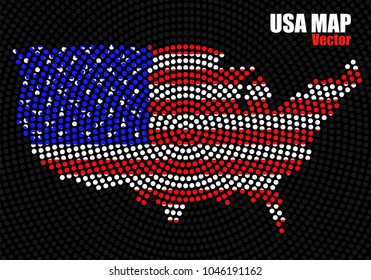 Abstract map USA of radial dots with flag inside. Vector illustration, eps 10