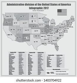Abstract map of USA with regions and informations. Black and white illustration with map of United States of America with division and info graphic.