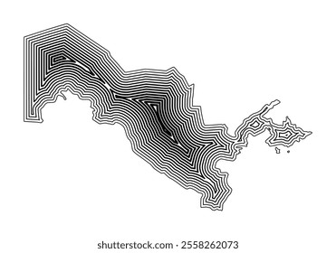 Abstract map of Uzbekistan showing the country border buffered inside with black tapering lines