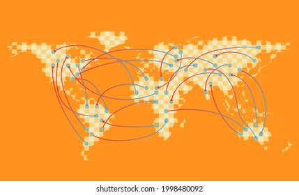 Abstract map of the world with arrows of flight courses of aircraft. Vector illustration