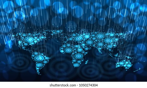 Abstract map of the world from concentric circles formed by rain drops, well-organized layers