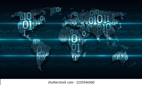 Abstract map world with continents from digital binary code on the background abstract printed circuit board, concept of networking technologies, big data, global cloud service, digital technology