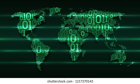 Abstract map world with continents from digital binary code on a dark green background with glowing transaction lines, concept of big data, global cloud service, digital technology, internet of things