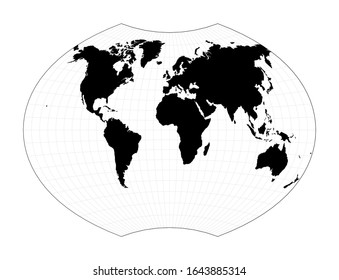 Abstract map of the world. Ginzburg VI projection. Plain world geographical map with graticule lines. Vector illustration.