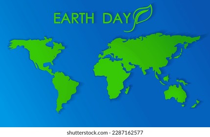 Abstract map of the world, green continents in the blue ocean. The concept of the day of the earth and love for the planet. Love our planet